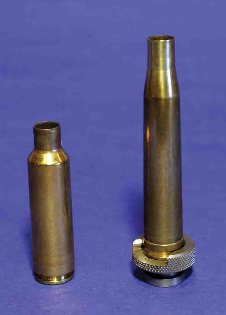 Many older rifle cartridges, like the .300 H&H at right, featured tapered cases to allow easier extraction back when early smokeless powders resulted in widely varying pressures. However, tapered cases often tilt when pulled over the expander ball, resulting in misaligned case necks, partly because the case holder only loosely holds about half the case rim. Modern cases like the .300 WSM at left have very little taper so cannot tilt much inside sizing dies.